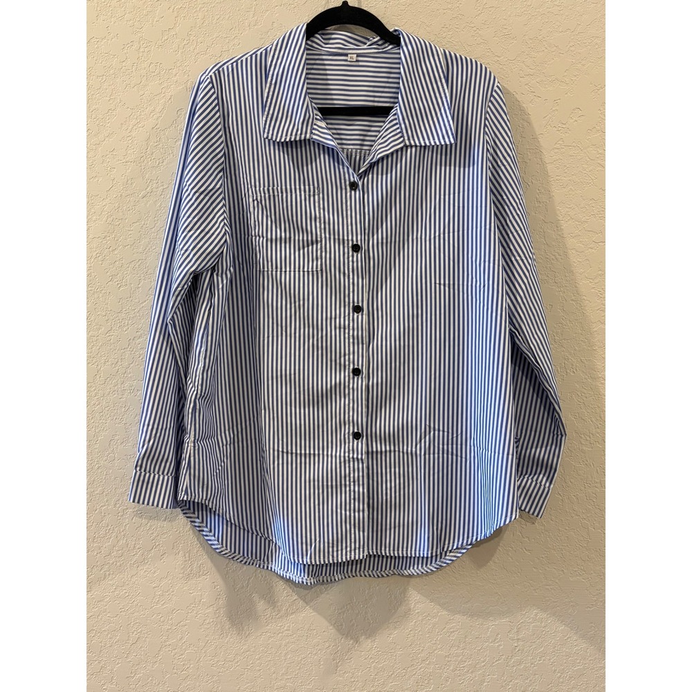 Blue and White Striped Long Sleeve Button Down Shirt XL Single Pocket High Low